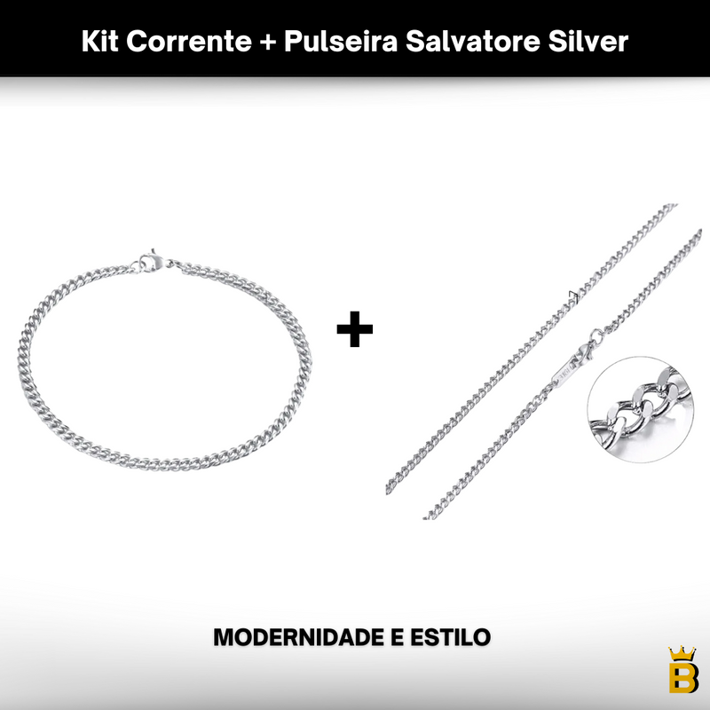 Kit Corrente + Pulseira Masculina Salvatore Silver