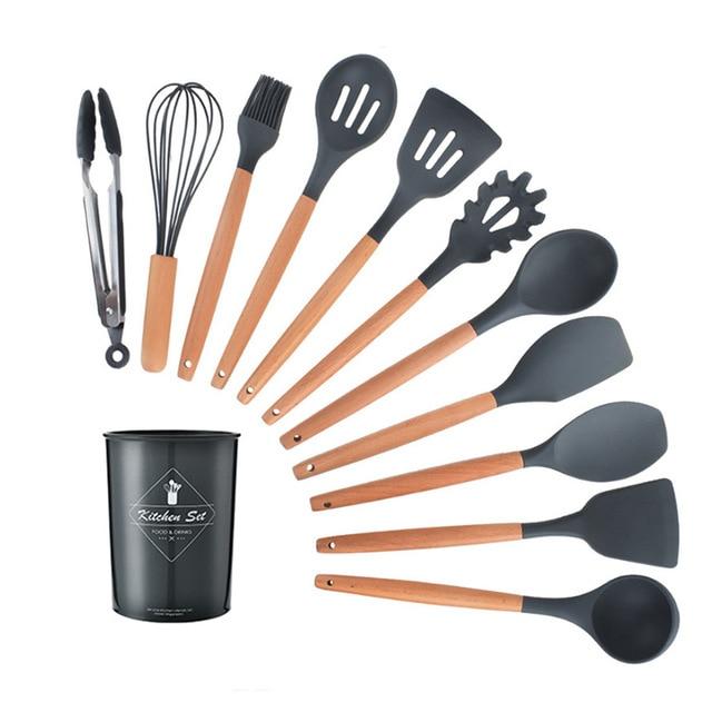 Kit Gastronômico Premium – Utensílios de Cozinha, Silicone e Madeira Ecológica